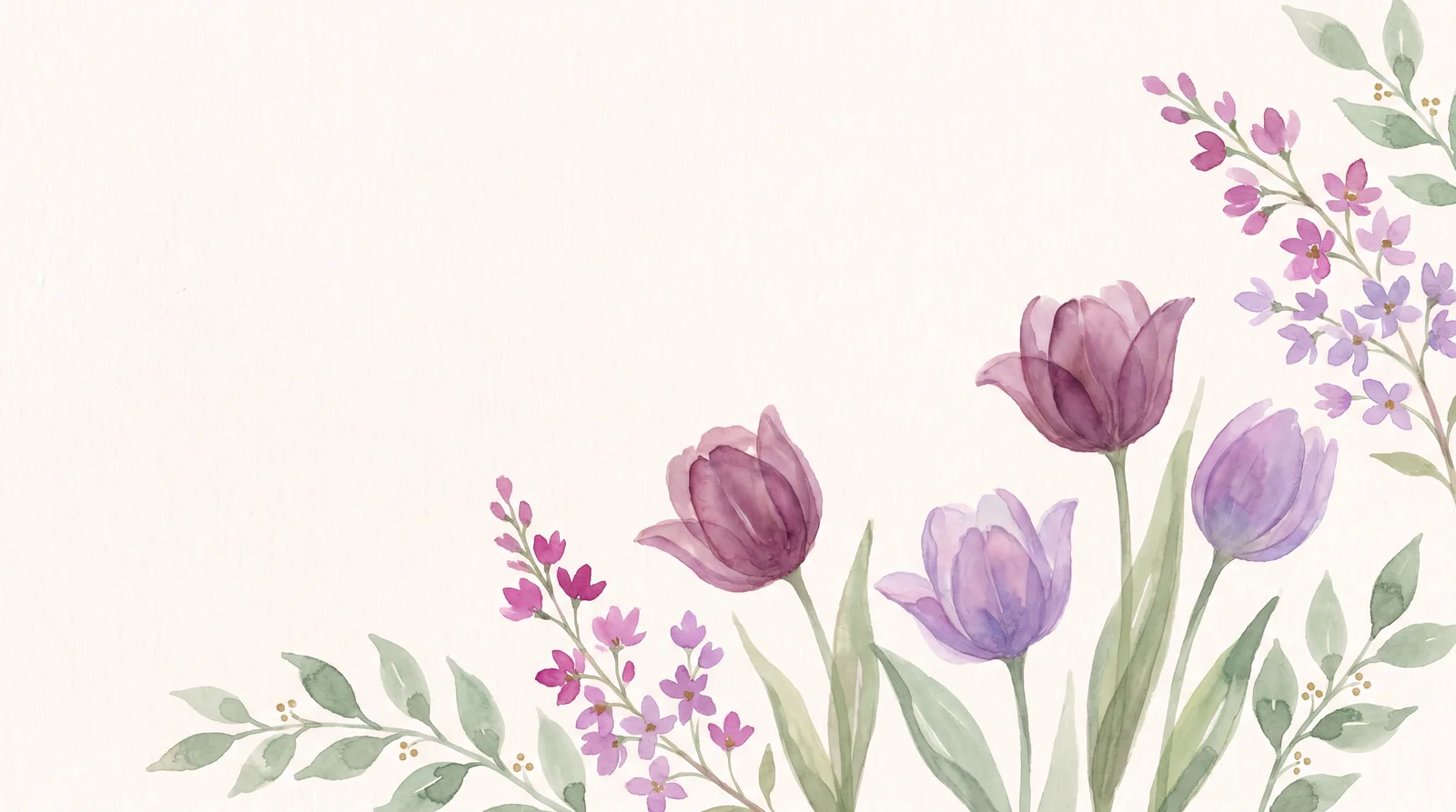 Watercolor tulips and spring blossoms in plum, pink and violet